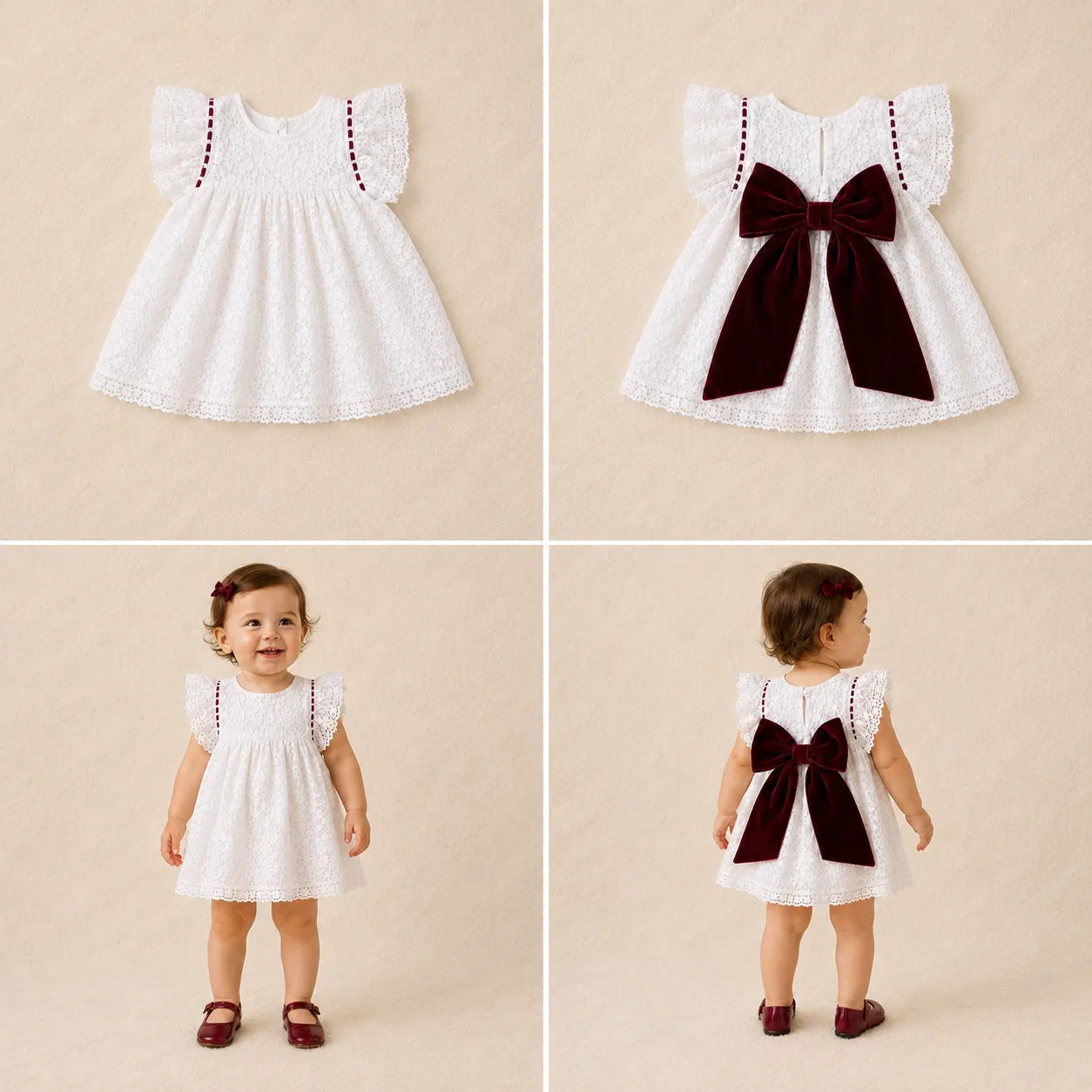 Vestido blanco de encaje para bebé con lazo granate artesanal